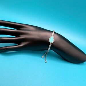 🩵  Platinum Sterling Silver Black Hamsa Blue Opal Adjustable Design Bracelet 🩵